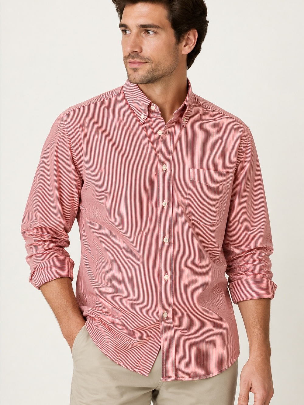 J.Crew Classic Fit Red White Striped Button Down Shirt Size L 100% Cotton